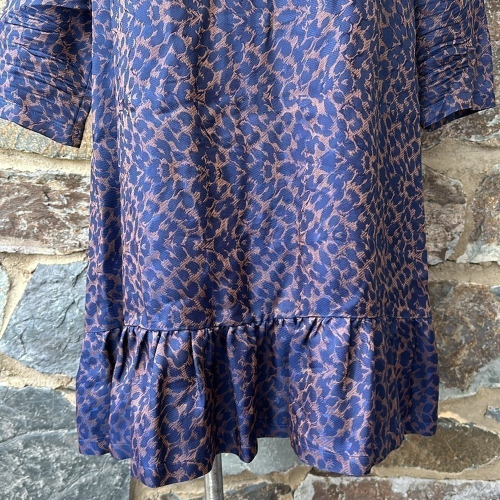 Sezane Robe Auberie Jacquard Leopard Blue Ruffled Hem Shift Dress size 36 (4) - Picture 4 of 12